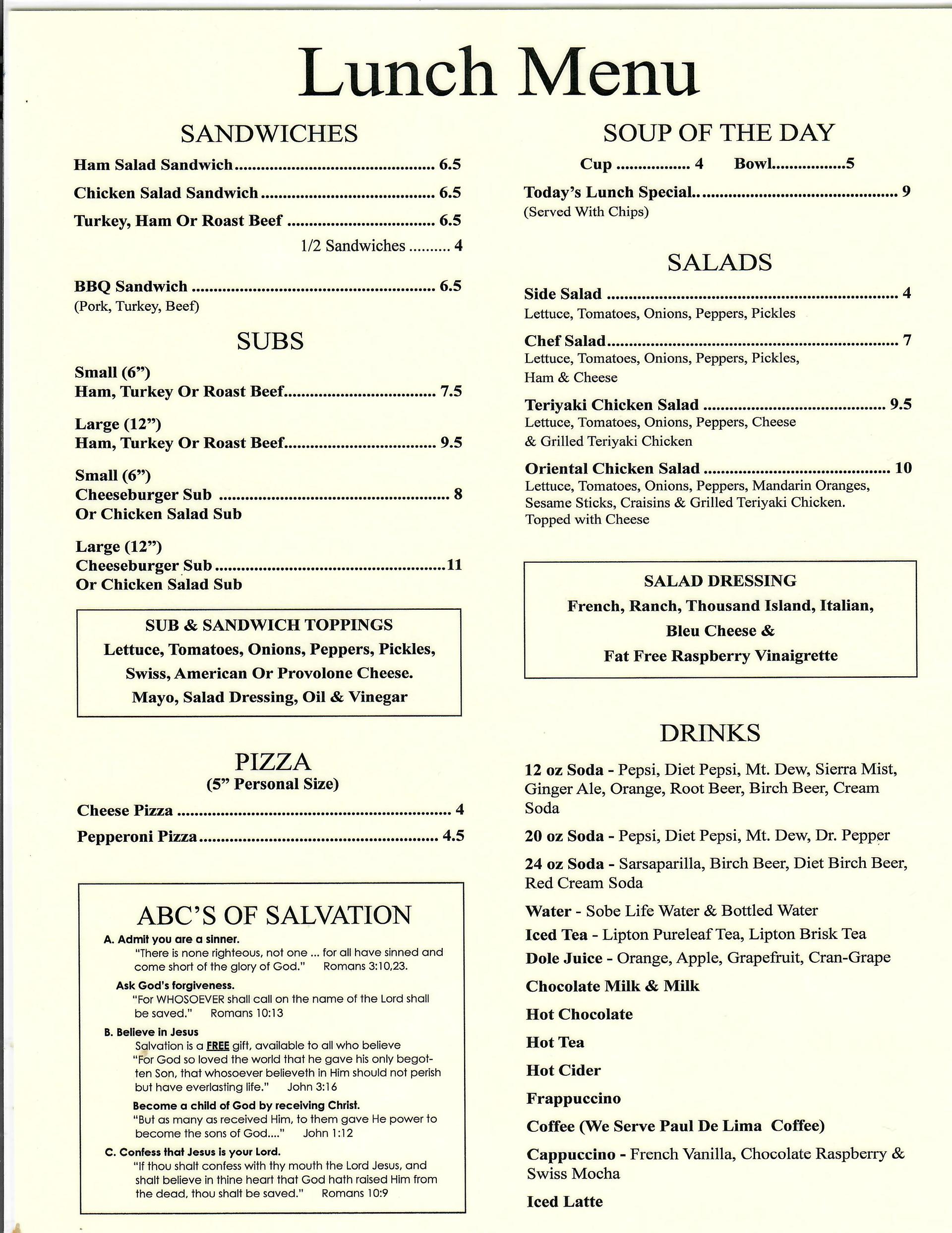 Lantz's Bulk Foods, Restaurant, Lunch Menu